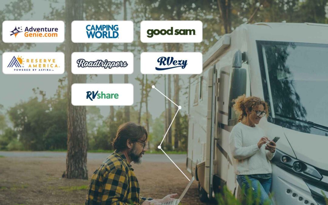 Couple in front of RV exploring campground and RV park options on laptop and phone through Spot2Nite distribution channels.