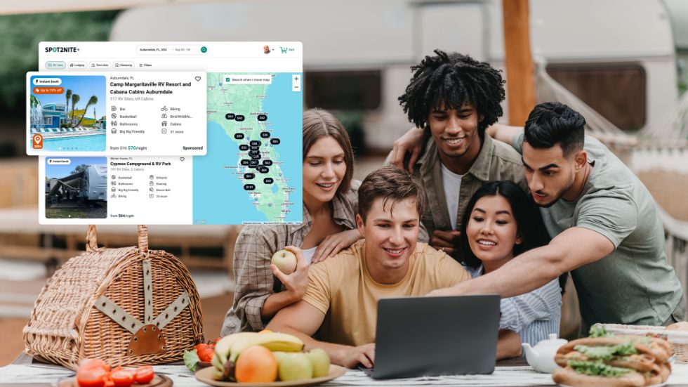 Group of millennial travelers in front of a camper on a laptop exploring sponsored listings on Spot2Nite.