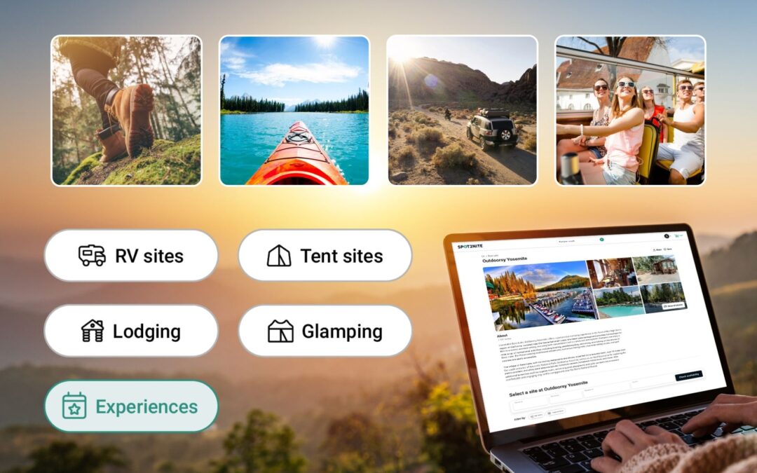 Spot2Nite outdoor experiences and campground amenities viewed on a laptop with a sunset mountain view.